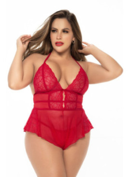 Body rouge grande taille effet babydoll et string assorti - MAL7445XRED